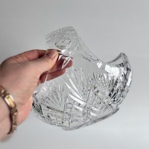 Heavy Cut Crystal Basket Bowl Starburst Pattern Vintage Glass Decor